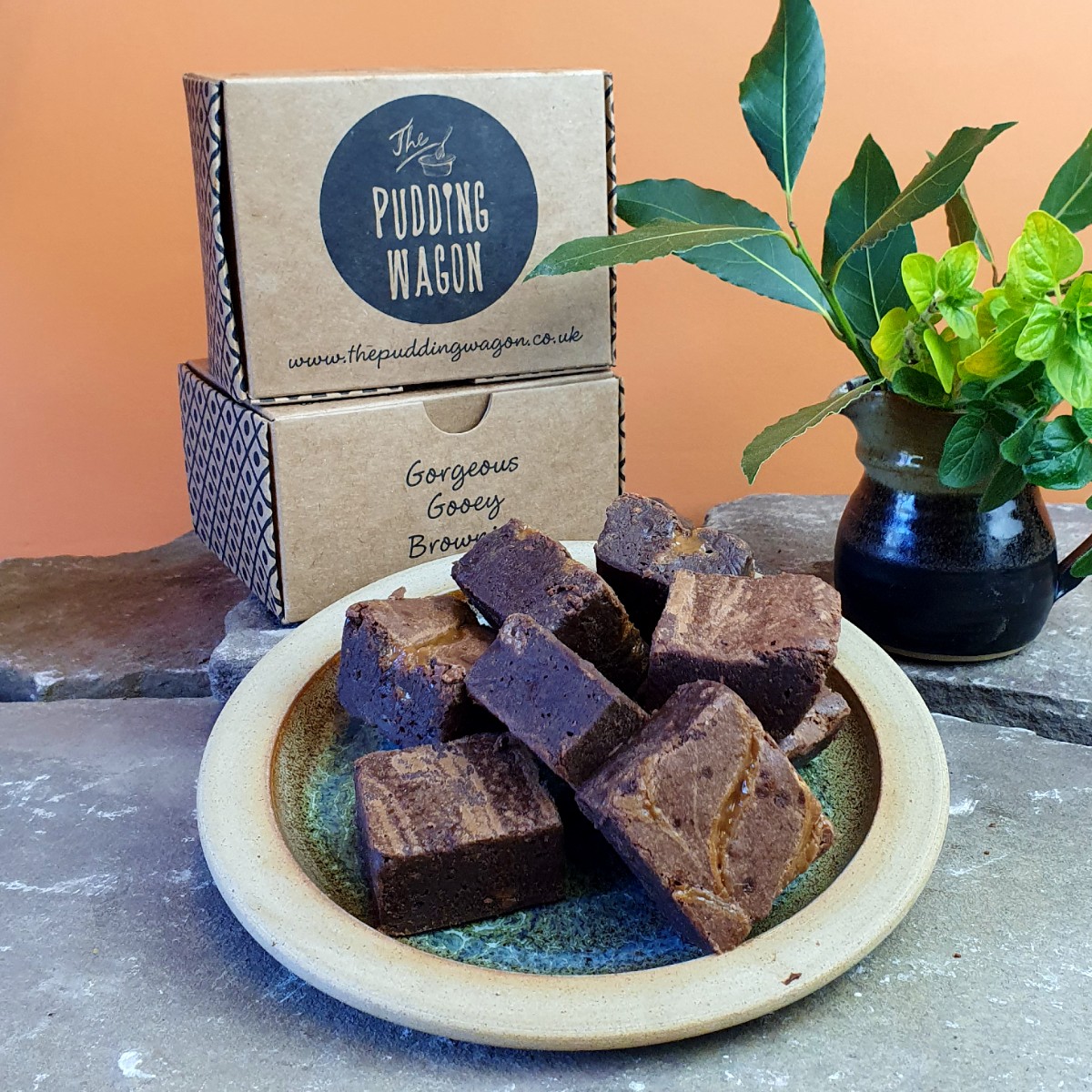 Handmade Brownis On A Plate with Box and Leaves