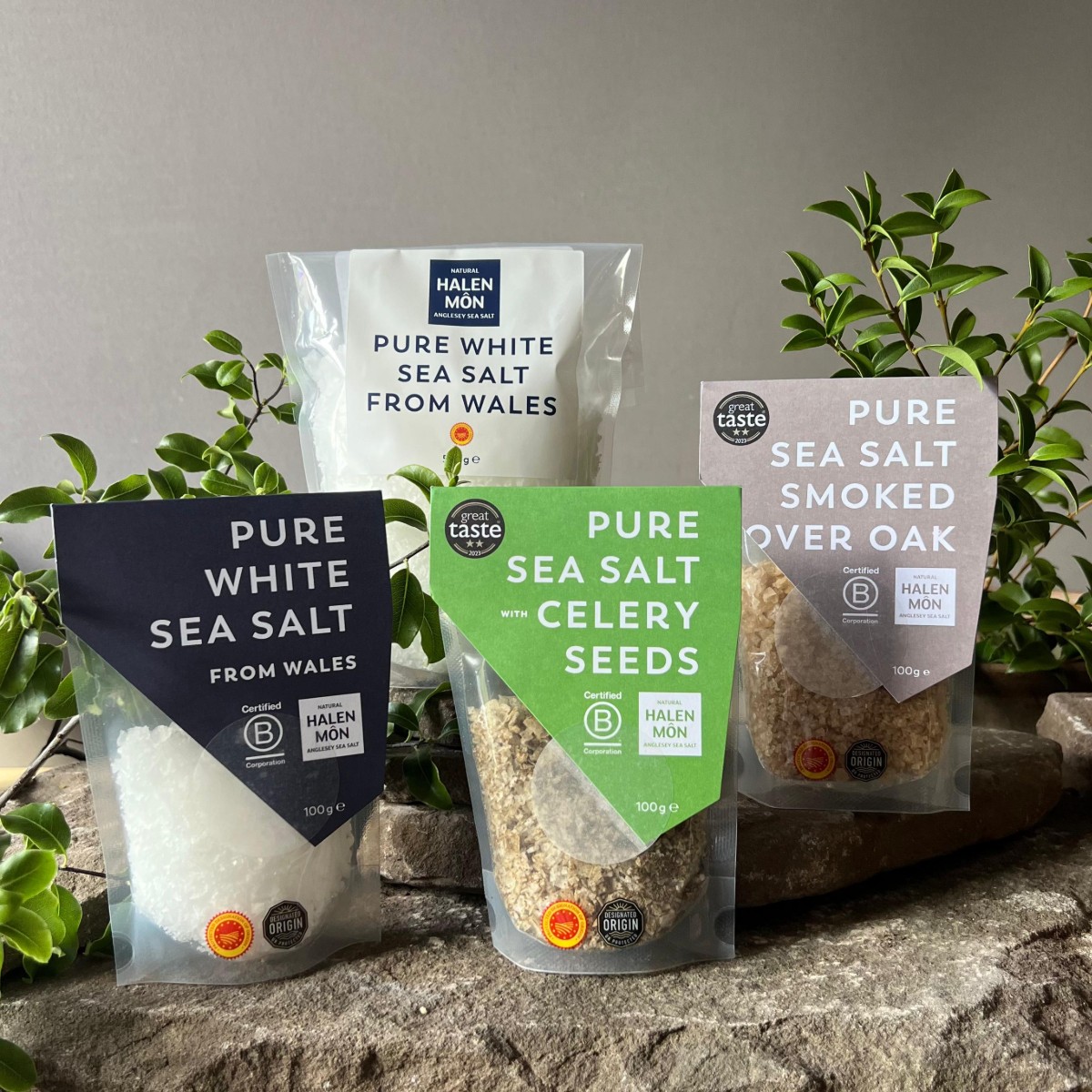 Halen Mon Welsh Flaky Sea Salt Pure Salt, Oak Smoked Salt, Celery Seed Salt. Halen Mon Welsh Flaky Sea Salt Pure Salt, Oak Smoked Salt, Celery Seed Salt.